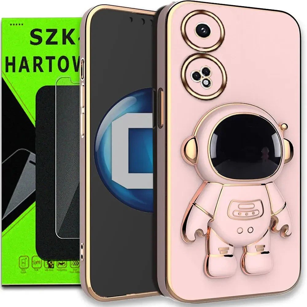Na obrazie widoczne jest różowe etui na telefon z motywem astronauty oraz opakowanie szkła hartowanego z napisem \'SZKLO HARTOWANE\'.