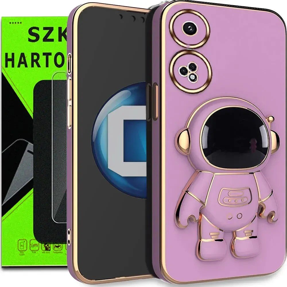 Etui na telefon w kolorze fioletowym z motywem astronauty, obok opakowanie z napisem \'SZKLO HARTOWANE\'.