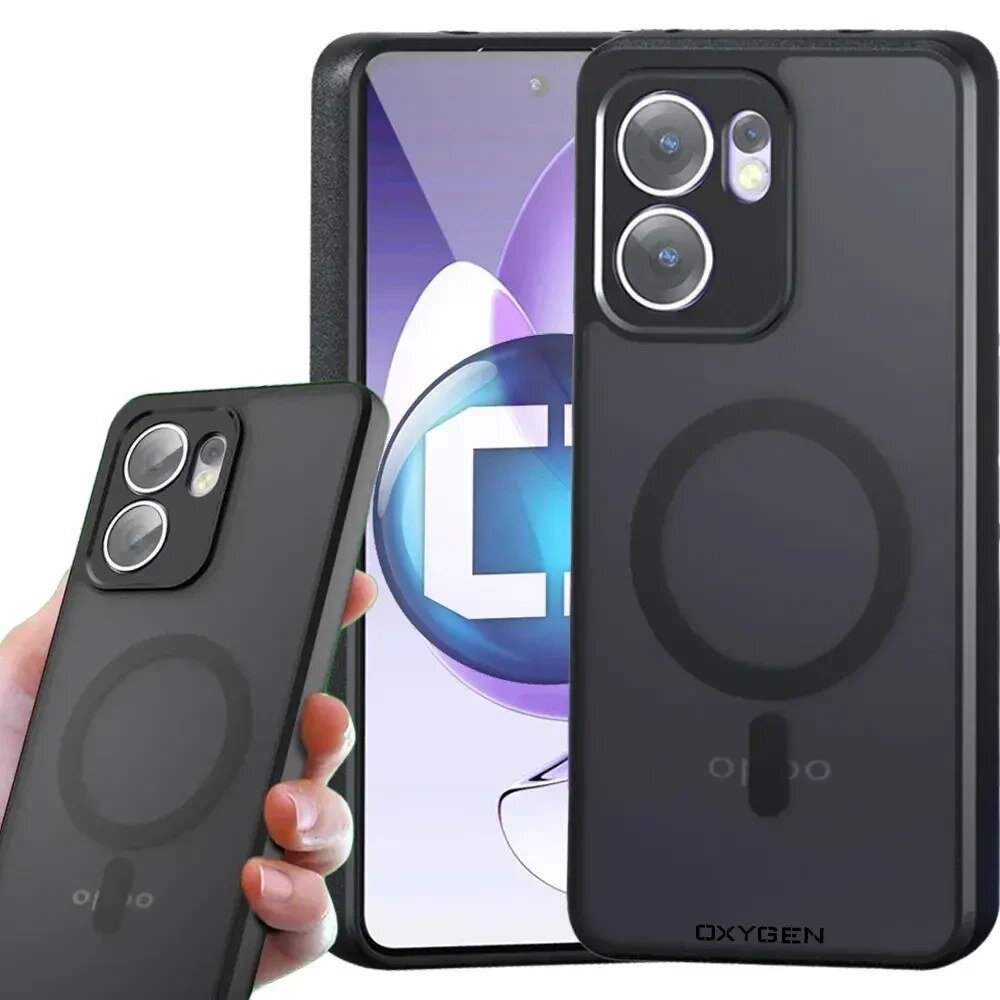 Na obrazie widoczne jest czarne etui na telefon z okrągłym wzorem MagSafe i napisem \'OXYGEN\' oraz \'OPPO\'. W tle znajduje się telefon z wyświetlaczem pokazującym kolorowy wzór i literę \'C\'.
