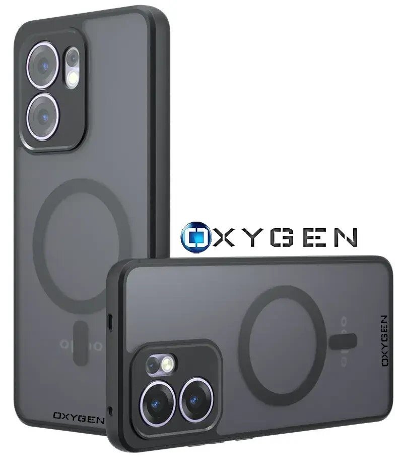 Obraz przedstawia dwa etui na telefon z napisem \'OXYGEN\' oraz widocznym logo OXYGEN. Etui mają przezroczysty tył z okrągłym wzorem i są przeznaczone do telefonu z podwójnym aparatem.