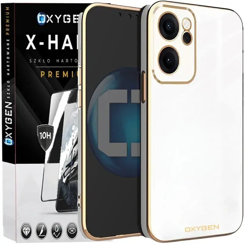 Na obrazie widoczne jest etui na telefon z przezroczystym tyłem i złotymi krawędziami, obok opakowania z napisem \'OXYGEN X-HARD SZKŁO HARTOWANE PREMIUM\'.