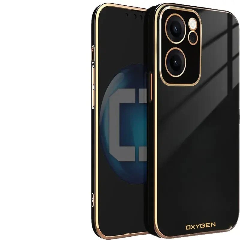 Czarne etui na telefon z złotymi krawędziami i napisem \'OXYGEN\' na dole. Widoczne są dwa duże otwory na aparaty fotograficzne.