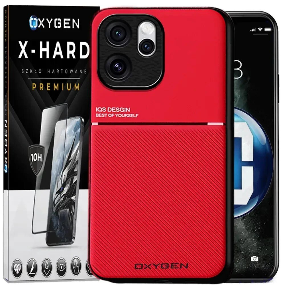 Obraz przedstawia czerwone etui na telefon z napisem \'IQS DESIGN BEST OF YOURSELF\' oraz opakowanie szkła hartowanego z logo \'OXYGEN X-HARD\'.