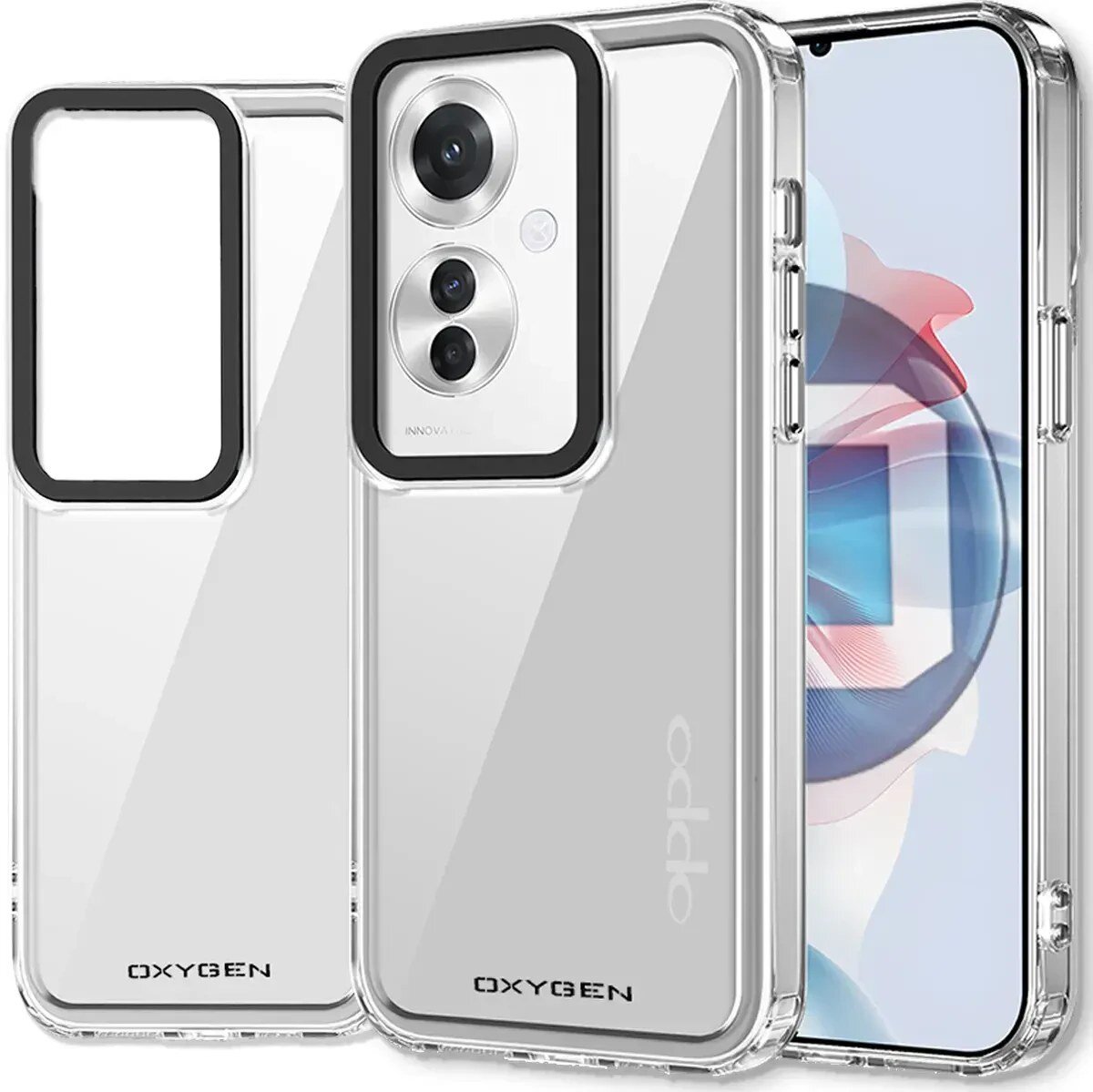 Przezroczyste etui na telefon z widocznym napisem \'OXYGEN\' oraz miejscem na aparat. Obok znajduje się telefon z wyświetlaczem i kolorową grafiką.