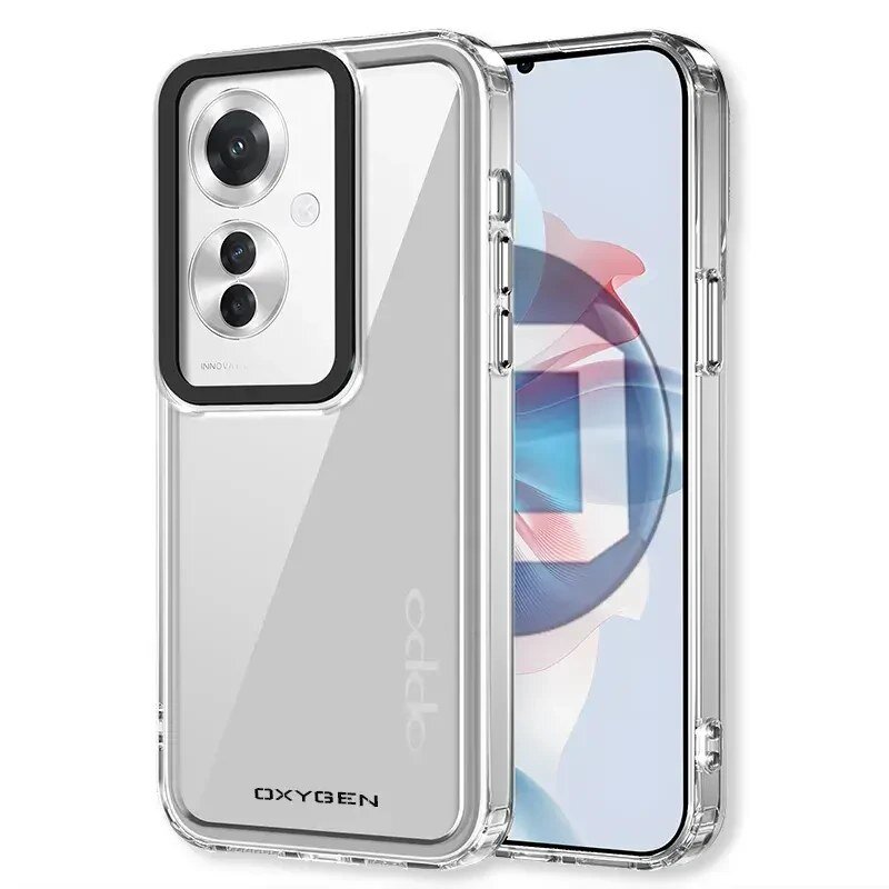 Przezroczyste etui na telefon z widocznym napisem \'OXYGEN\' i logo \'OPPO\'. Etui jest dopasowane do modelu telefonu z trzema obiektywami aparatu.