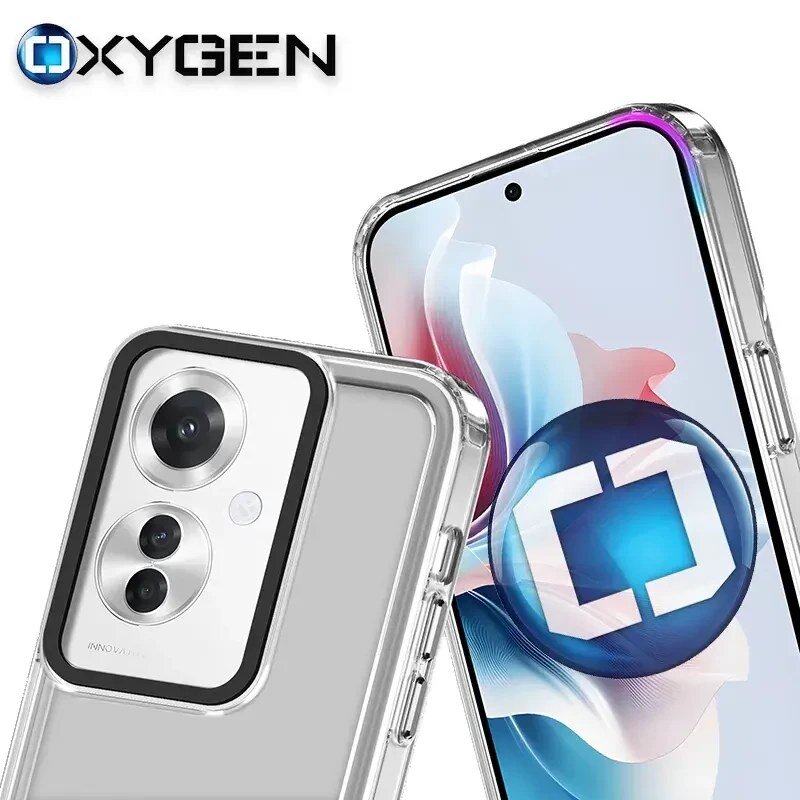 Obraz przedstawia przezroczyste etui na telefon z trzema widocznymi aparatami. W lewym górnym rogu znajduje się logo \'OXYGEN\'.