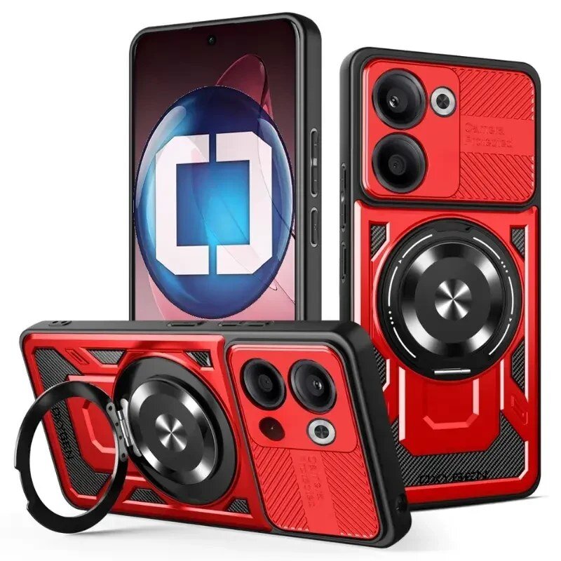 Obraz przedstawia czerwone etui na telefon z okrągłym uchwytem i miejscem na aparat. Na etui widoczny jest napis \'OXYGEN RR\'.