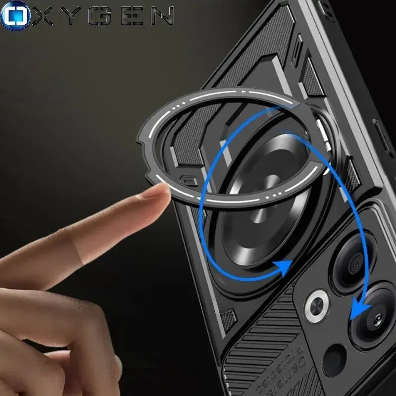 Obraz przedstawia etui na telefon z widocznym logo \'OXYGEN\' oraz elementem MagSafe. W tle widać palec wskazujący na etui, a wokół okrągłego elementu znajdują się niebieskie strzałki wskazujące ruch obrotowy.