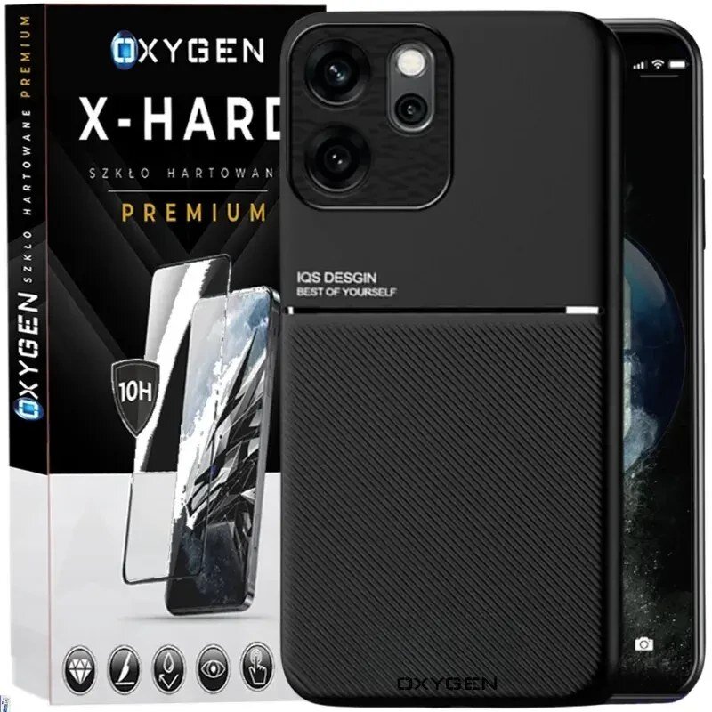 Na obrazie widoczne jest czarne etui na telefon z napisem \'IQS DESIGN BEST OF YOURSELF\' oraz opakowanie szkła hartowanego z logo \'OXYGEN X-HARD\'.