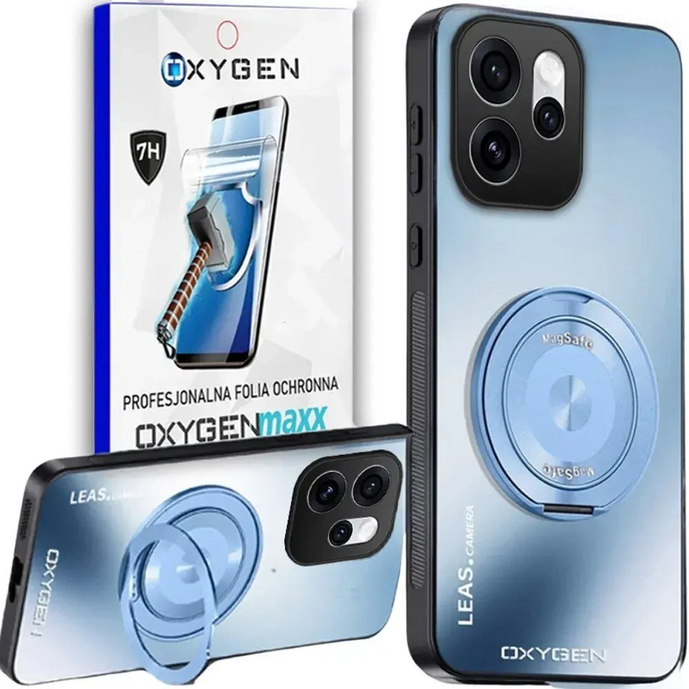 Na obrazie widoczne jest etui na telefon w kolorze niebieskim z napisem \'OXYGEN\' oraz opakowanie z napisem \'PROFESJONALNA FOLIA OCHRONNA OXYGENmaxx\'. Etui posiada okrągły element z napisem \'MagSafe\'.