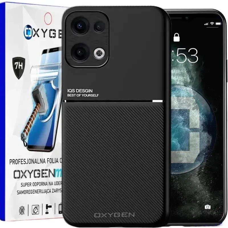 Na obrazie widoczne jest czarne etui na telefon z napisem \'IQS DESIGN BEST OF YOURSELF\' oraz opakowanie z logo \'OXYGEN\'. Na opakowaniu znajduje się tekst: \'PROFESJONALNA FOLIA OCHRONNA\', \'SUPER ODPORNA NA UDERZENIA\', \'SAMOREGENERUJĄCA ZARYSOWANIA\'.