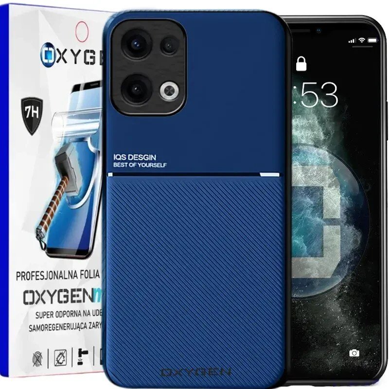 Na obrazie widoczne jest niebieskie etui na telefon z napisem \'IQS DESIGN BEST OF YOURSELF\' oraz opakowanie z tekstem \'PROFESJONALNA FOLIA OXYGEN SUPER ODPORNA NA UDERZENIA SAMOREGENERUJĄCA ZARYSOWANIA\'.