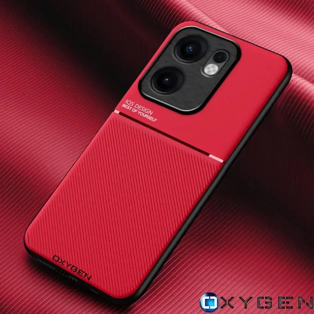 Czerwone etui na telefon z teksturą, z widocznymi napisami \'IOS DESIGN BEST OF YOURSELF\' oraz \'OXYGEN\'. W tle znajduje się materiał o podobnej kolorystyce i fakturze.