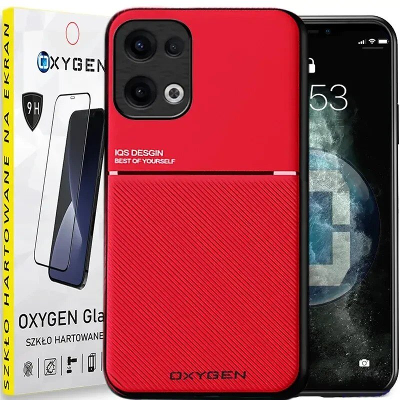 Na obrazie widoczne jest czerwone etui na telefon z napisem \'IQS DESIGN BEST OF YOURSELF\' oraz opakowanie szkła hartowanego z logo \'OXYGEN\'.