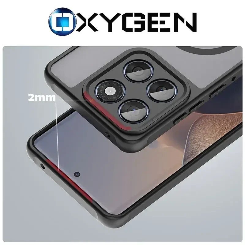 Obraz przedstawia etui na telefon z widocznymi czterema otworami na aparaty oraz napisem \'2mm\'. Na górze widoczne jest logo \'OXYGEN\'.