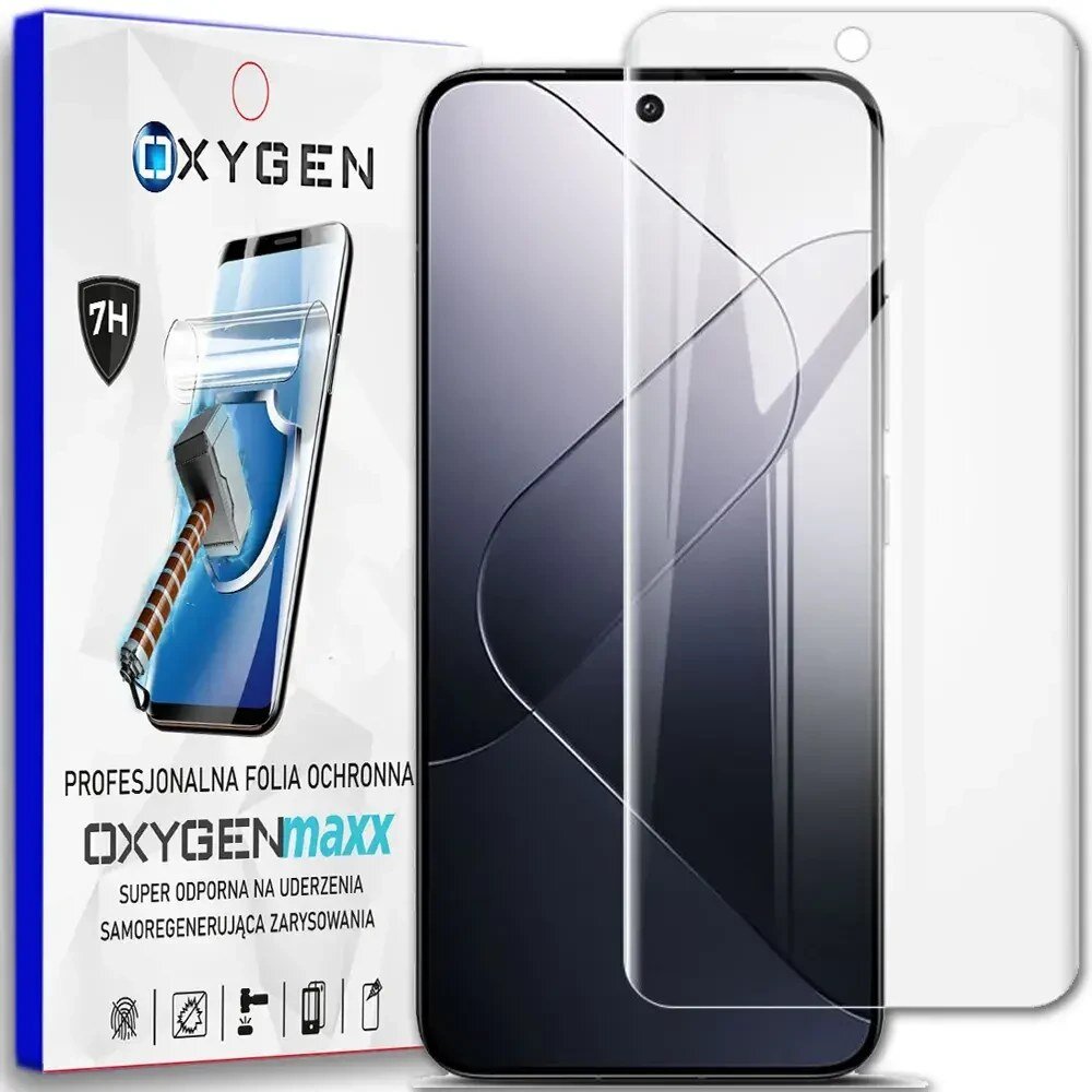 Obraz przedstawia opakowanie produktu OXYGEN z napisem \'PROFESJONALNA FOLIA OCHRONNA OXYGENmaxx SUPER ODPORNA NA UDERZENIA SAMOREGENERUJĄCA ZARYSOWANIA\'. Obok znajduje się telefon z nałożoną przezroczystą folią ochronną.