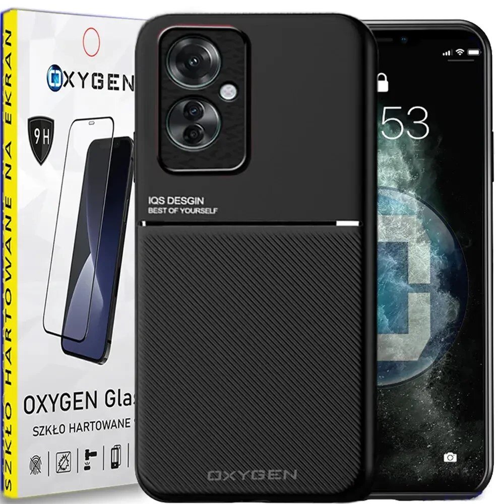 Na obrazie widoczne jest czarne etui na telefon z napisem \'IQS DESIGN BEST OF YOURSELF\' oraz opakowanie szkła hartowanego z logo \'OXYGEN\'.