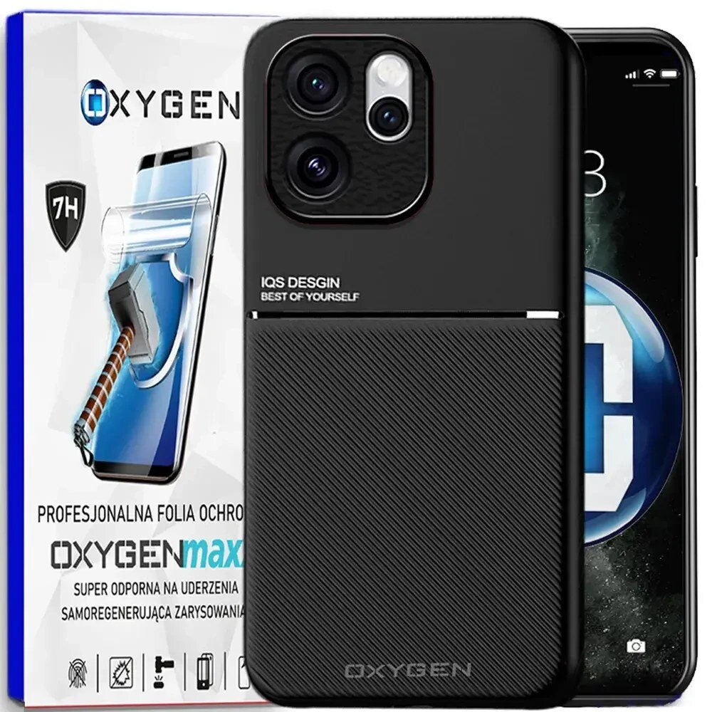 Na obrazie widoczne jest czarne etui na telefon z napisem \'IQS DESIGN BEST OF YOURSELF\' oraz opakowanie z napisem \'OXYGENmax\'.