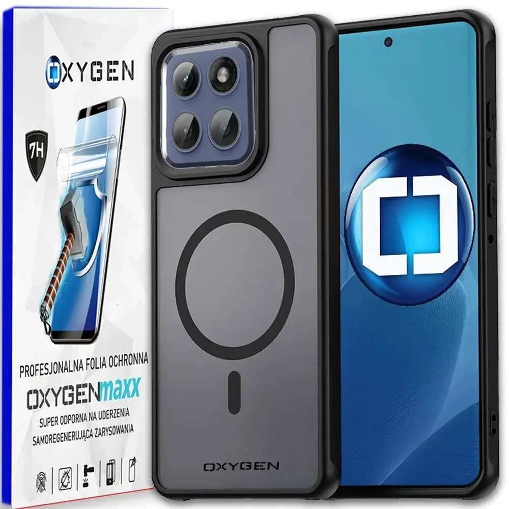 Na obrazie widoczne jest etui na telefon z okrągłym wzorem oraz opakowanie z napisem \'OXYGEN\' i \'PROFESJONALNA FOLIA OCHRONNA OXYGENmaxx SUPER ODPORNA NA UDERZENIA SAMOREGENERUJĄCA ZARYSOWANIA\'.