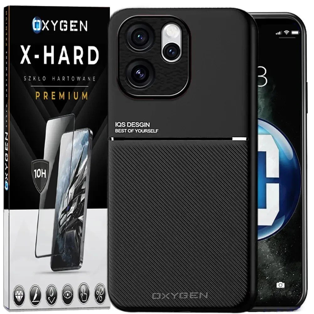 Na obrazie widoczne jest czarne etui na telefon z napisem \'IQS DESIGN BEST OF YOURSELF\' oraz opakowanie szkła hartowanego z napisem \'OXYGEN X-HARD SZKŁO HARTOWANE PREMIUM\'.