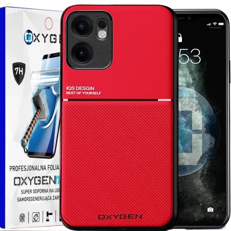 Czerwone etui na telefon z napisem \'IQS DESIGN BEST OF YOURSELF\' oraz \'OXYGEN\'. W tle opakowanie z napisem \'PROFESJONALNA FOLIA OXYGEN\' i grafiką młotka.