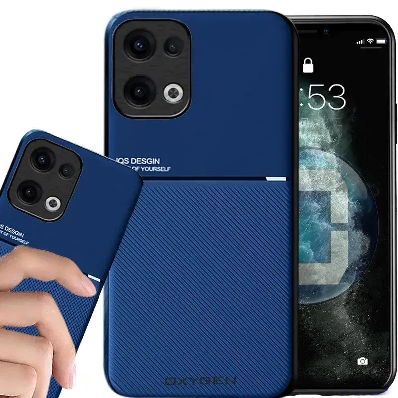 Na obrazie widoczne jest niebieskie etui na telefon z napisem \'IQS DESIGN BE YOURSELF\' oraz \'OXYGEN\'. Obok znajduje się telefon z wyświetlaczem pokazującym godzinę 2:53.