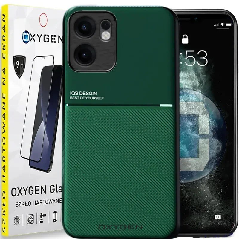 Na obrazie widoczne jest zielone etui na telefon z napisem \'IQS DESIGN BEST OF YOURSELF\' oraz opakowanie szkła hartowanego z logo \'OXYGEN\'.