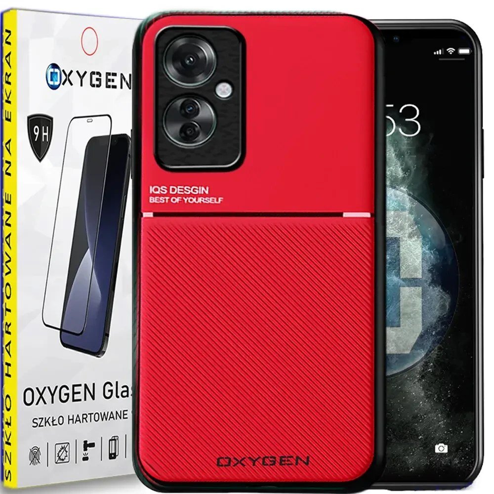 Czerwone etui na telefon z napisem \'IQS DESIGN BEST OF YOURSELF\' oraz \'OXYGEN\'. W tle opakowanie z napisem \'OXYGEN Glass\' i \'SZKŁO HARTOWANE\'.