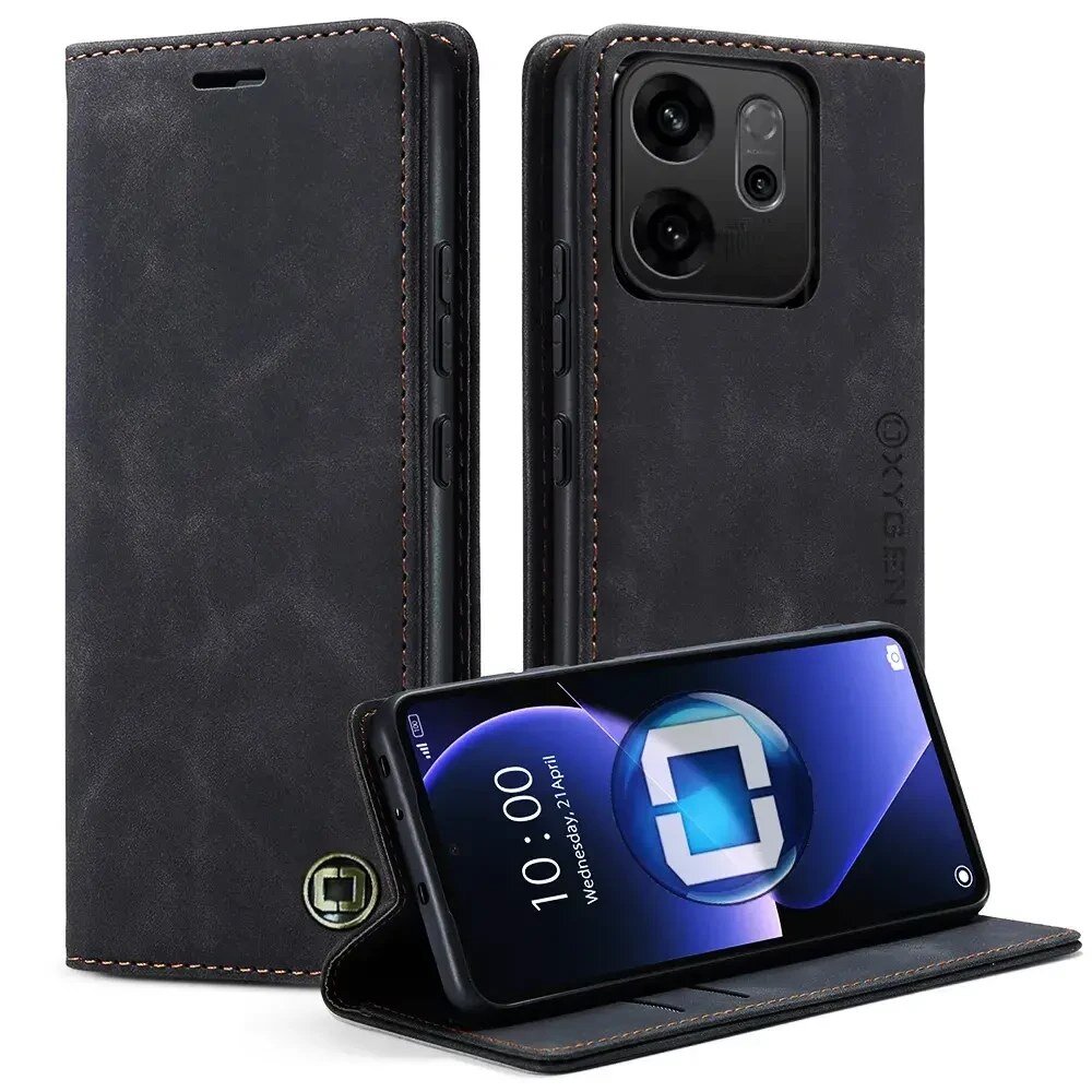 Na obrazie widoczne jest czarne etui na telefon z klapką, z logo OXYGEN. Etui jest otwarte, a w środku znajduje się telefon z wyświetlaczem pokazującym godzinę 10:00 i datę Wednesday, 2 April.