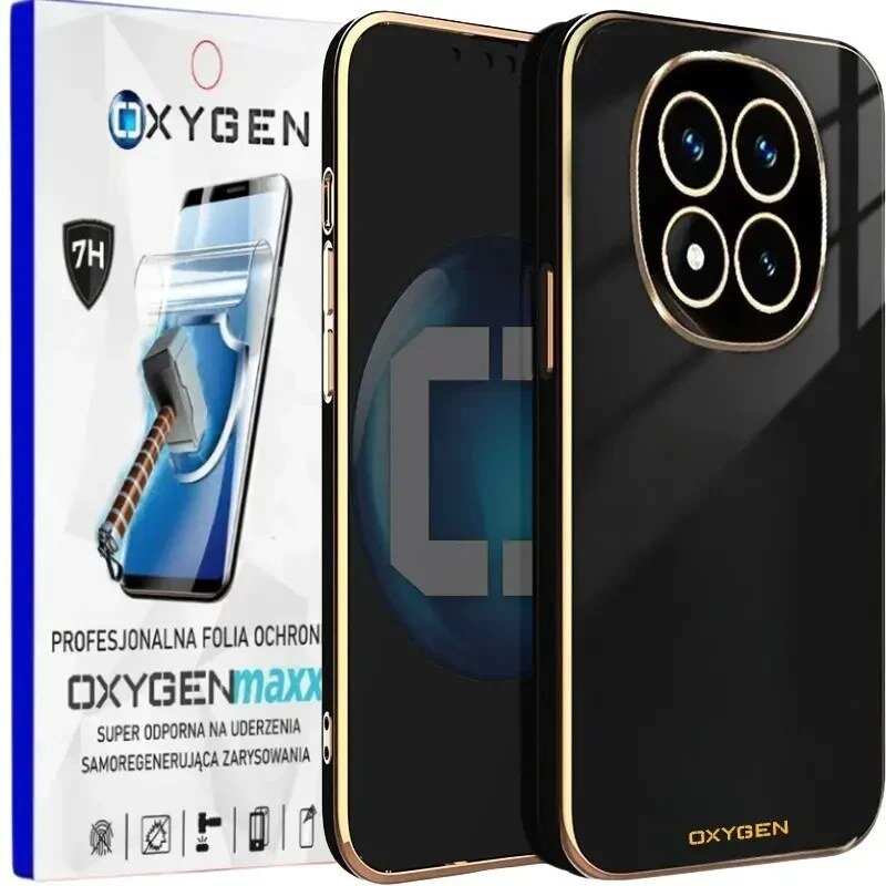 Na obrazie widoczne jest czarne etui na telefon z czterema okrągłymi wycięciami na aparaty oraz opakowanie z napisem \'OXYGEN\' i grafiką młotka uderzającego w ekran telefonu. Na opakowaniu znajduje się tekst: \'PROFESJONALNA FOLIA OCHRONNA OXYGENmaxx SUPER ODPORNA NA UDERZENIA SAMOREGENERUJĄCA ZARYSOWANIA\'.