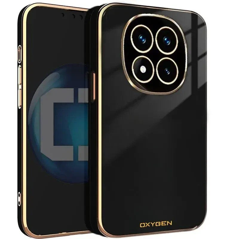 Czarne etui na telefon z złotymi krawędziami i dużym wycięciem na aparat z czterema okręgami. Na dole widoczny napis \'OXYGEN\'.