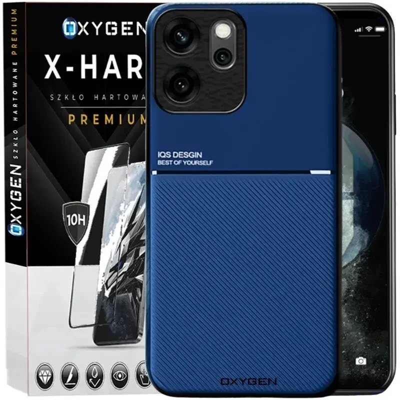 Na obrazie widoczne jest niebieskie etui na telefon z napisem \'IQS DESIGN BEST OF YOURSELF\' oraz opakowanie szkła hartowanego z logo \'OXYGEN X-HARD\'.