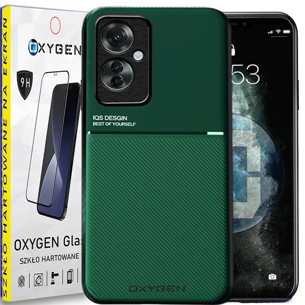 Na obrazie widoczne jest zielone etui na telefon z napisem \'IQS DESIGN BEST OF YOURSELF\' oraz opakowanie szkła hartowanego z logo \'OXYGEN\'.