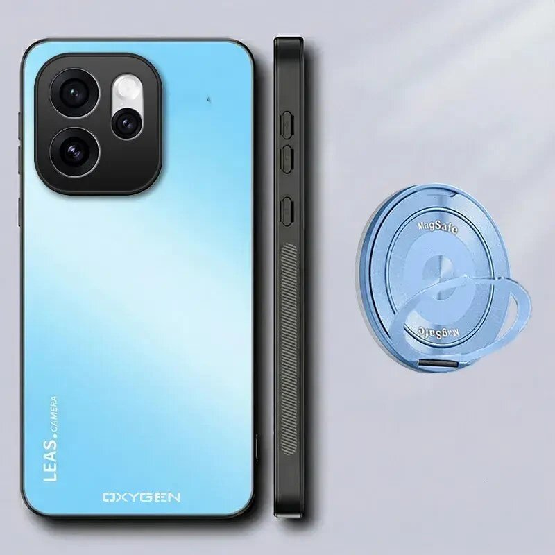 Na obrazie widoczne jest niebieskie etui na telefon z napisem \'LEAS CAMERA OXYGEN\' oraz okrągły uchwyt z napisem \'MagSafe\'.