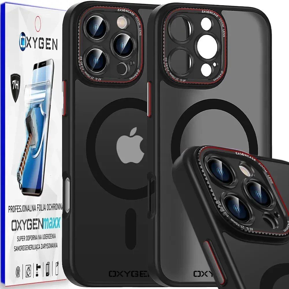 Obraz przedstawia etui na telefon z logo jabłka oraz opakowanie z napisem \'OXYGENmaxx\'. Etui ma czarny kolor z przezroczystymi elementami i jest przeznaczone do iPhone 16 Pro Max z funkcją MagSafe.
