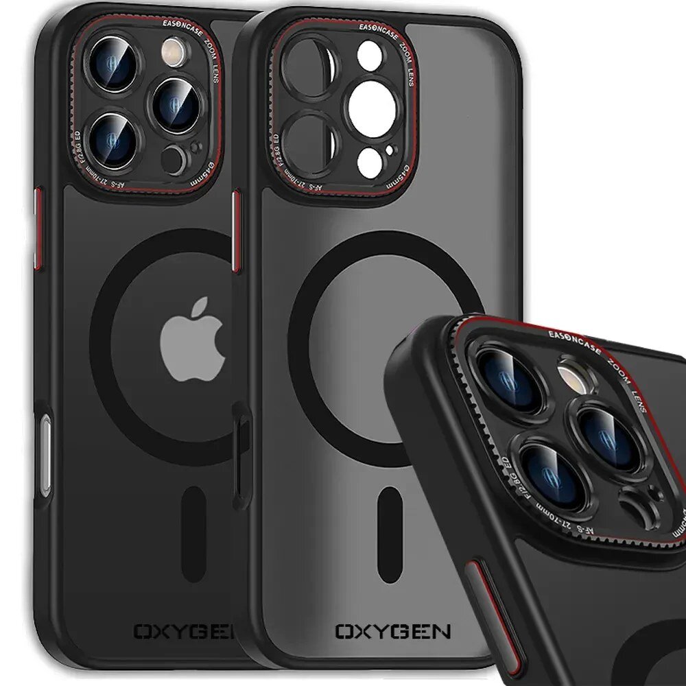 Na obrazie widoczne są dwa czarne etui na telefon z logo jabłka i napisem \'OXYGEN\'. Etui mają wycięcia na aparat i okrągły wzór sugerujący kompatybilność z MagSafe.