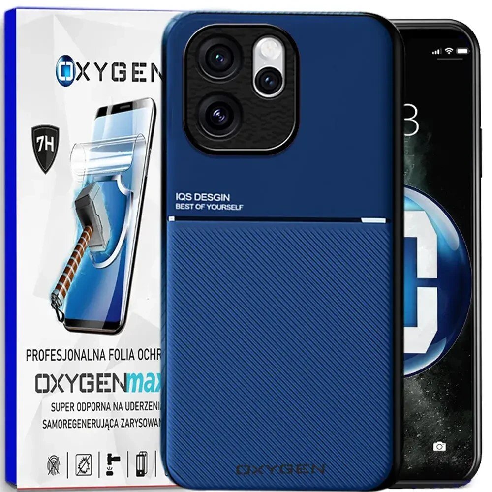 Na obrazie widoczne jest niebieskie etui na telefon z napisem \'IQS DESIGN BEST OF YOURSELF\' oraz opakowanie z logo \'OXYGEN\' i grafiką młotka uderzającego w ekran. Opakowanie zawiera tekst: \'PROFESJONALNA FOLIA OCHRONNA OXYGENmax SUPER ODPORNA NA UDERZENIA SAMOREGENERUJĄCA ZARYSOWANIA\'.