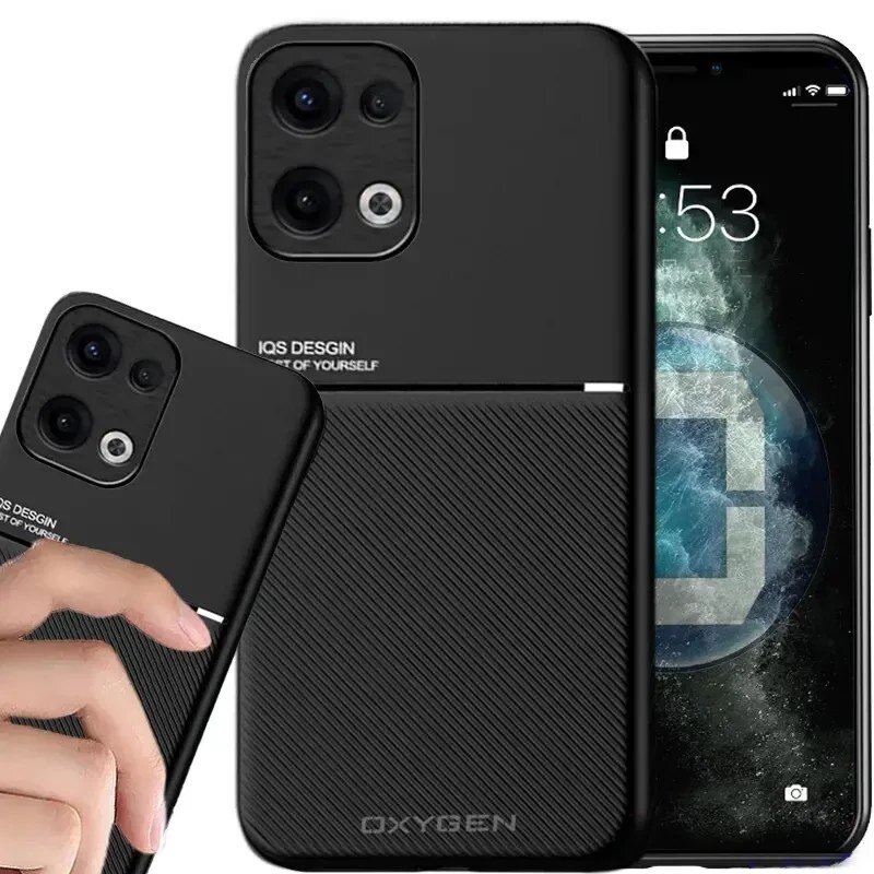 Na obrazie widoczne jest czarne etui na telefon z napisem \'IQS DESIGN\' oraz \'OXYGEN\' na dolnej części. Etui ma teksturowaną powierzchnię i wycięcia na aparat oraz przyciski.
