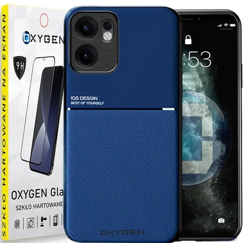 Na obrazie widoczne jest niebieskie etui na telefon z napisem \'IQS DESIGN BEST OF YOURSELF\' oraz opakowanie szkła hartowanego z logo \'OXYGEN\'.