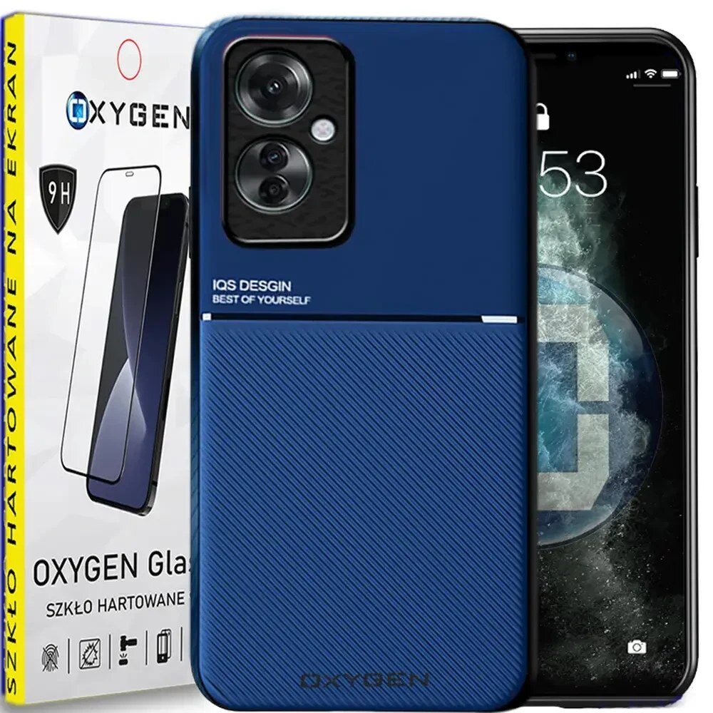Na obrazie widoczne jest niebieskie etui na telefon z napisem \'IQS DESIGN BEST OF YOURSELF\' oraz opakowanie z napisem \'OXYGEN Glass Szkło Hartowane\'.