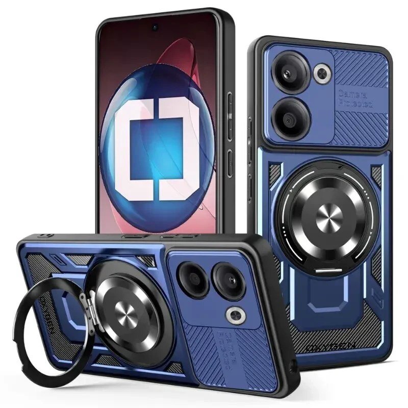 Na obrazie widoczne są trzy etui na telefon w kolorze niebieskim z okrągłym uchwytem i miejscem na aparat. Na jednym z etui widoczny jest napis \'OXYGEN\'.