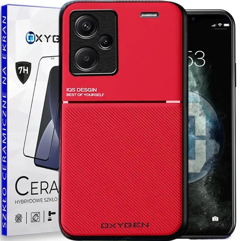 Czerwone etui na telefon z napisem \'IQS DESIGN BEST OF YOURSELF\' oraz \'OXYGEN\', obok opakowanie z napisem \'SZKŁO CERAMICZNE NA EKRAN\'.