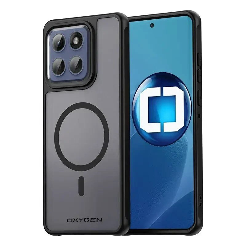 Obraz przedstawia etui na telefon z napisem \'OXYGEN\' oraz dużym okręgiem na tylnej części. Obok znajduje się telefon z niebieskim ekranem i logo w kształcie białego kwadratu z zaokrąglonymi rogami.