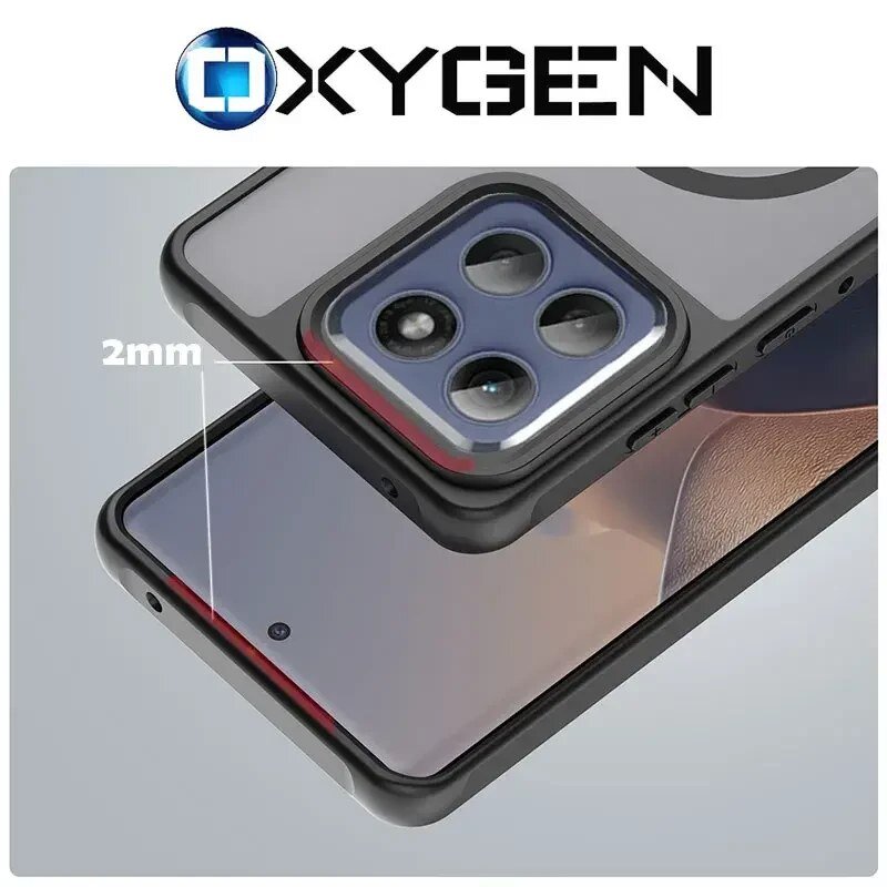 Obraz przedstawia etui na telefon z trzema widocznymi obiektywami aparatu oraz napis \'2mm\'. Na górze widoczne jest logo \'OXYGEN\'.
