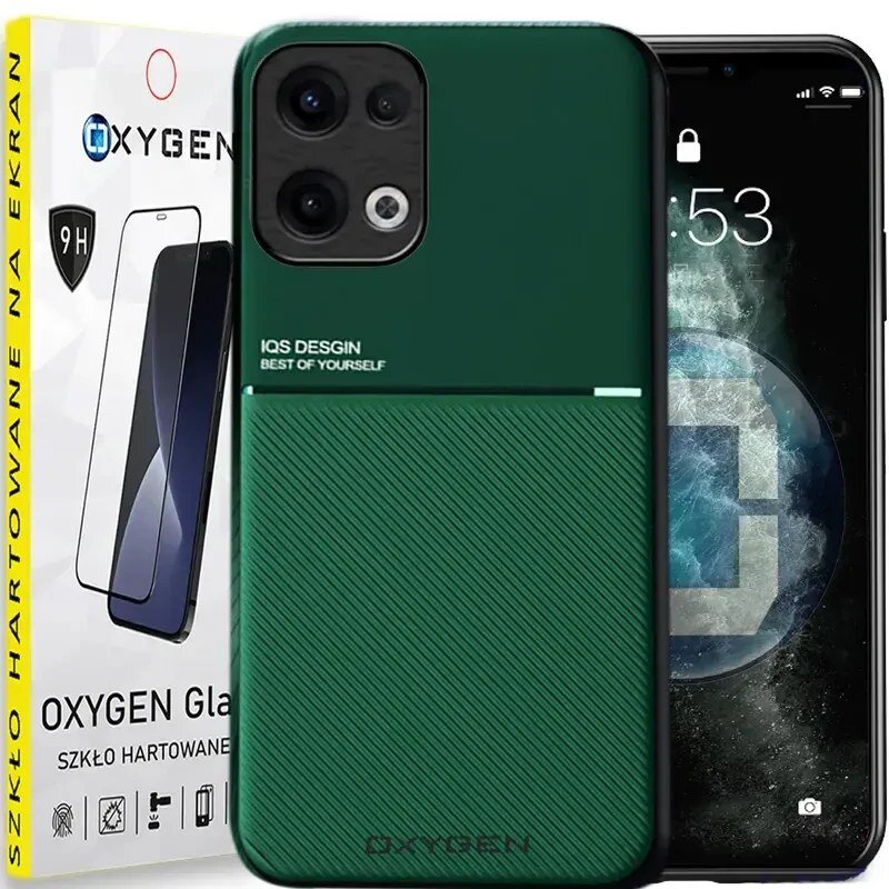 Na obrazie widoczne jest zielone etui na telefon z napisem \'IQS DESIGN BEST OF YOURSELF\' oraz opakowanie szkła hartowanego z logo \'OXYGEN\'.