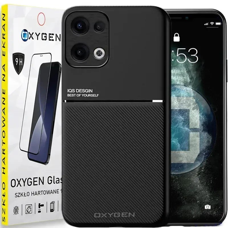 Na obrazie widoczne jest czarne etui na telefon z napisem \'IQS DESIGN BEST OF YOURSELF\' oraz opakowanie szkła hartowanego z logo \'OXYGEN\'.