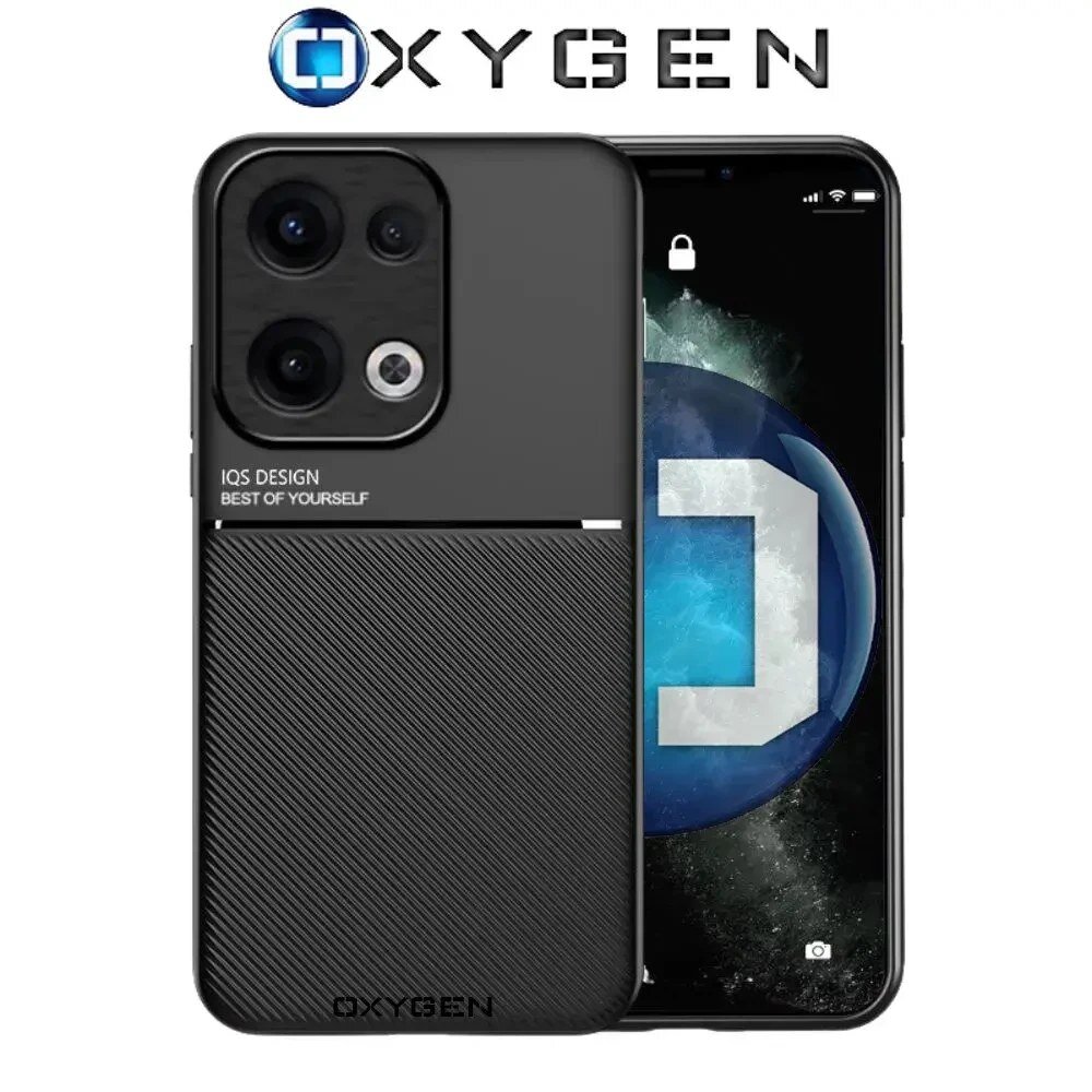 Na obrazie widoczne jest czarne etui na telefon z napisem \'IQS DESIGN BEST OF YOURSELF\' oraz logo \'OXYGEN\' u góry. Obok etui znajduje się telefon z wyświetlaczem pokazującym grafikę z dużą literą \'D\'.