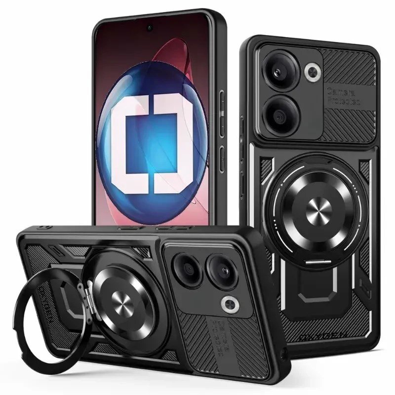 Obraz przedstawia trzy etui na telefon z okrągłym uchwytem i teksturą w formie linii. Na jednym z etui widoczny jest napis \'CAMERA PROTECTION\'.