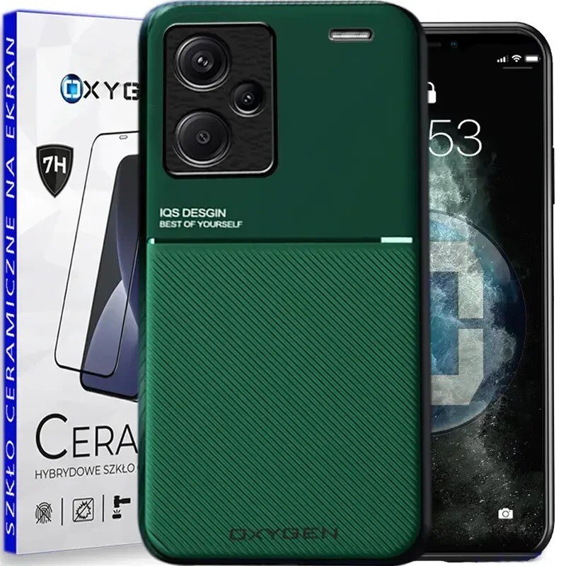 Na obrazie widoczne jest zielone etui na telefon z napisem \'IQS DESIGN BEST OF YOURSELF\' oraz opakowanie z napisem \'OXYGEN\' i \'SZKŁO CERAMICZNE NA EKRAN\'.