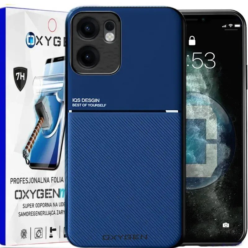 Na obrazie widoczne jest niebieskie etui na telefon z napisem \'IQS DESIGN BEST OF YOURSELF\', obok opakowania z logo \'OXYGEN\' i tekstem \'PROFESJONALNA FOLIA OXYGEN\'.